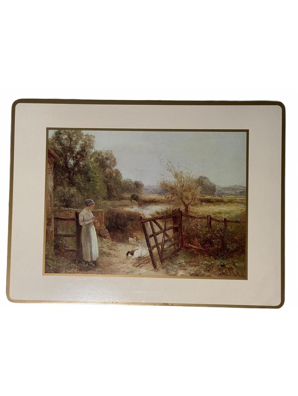 Vintage English Countryside Cork Hardback Placemats Set of 4 Pastoral Farm Scene